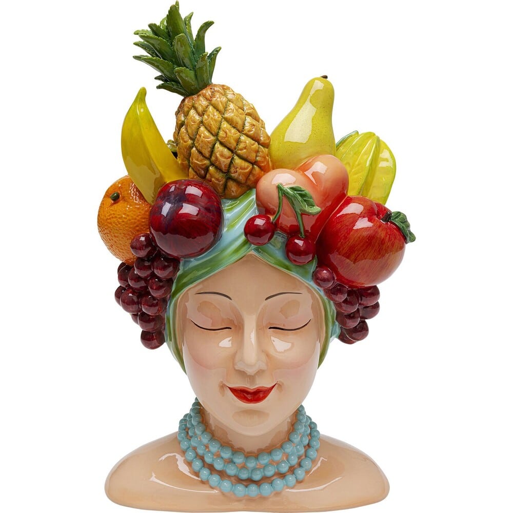 Buste Céramique Carmen Miranda - Déco Femme aux Fruits Buste décoratif en céramique style Carmen Miranda avec chapeau de fruits exotiques et collier de perles bleues.